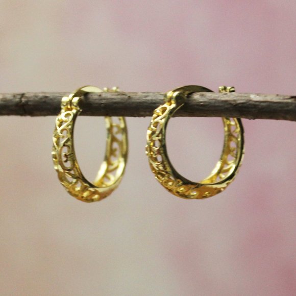 New Gold Filigree Hoop Earrings E2 - Picture 2 of 3